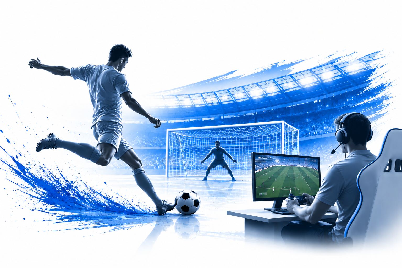 Football player striking a ball toward goal alongside a football computer game player